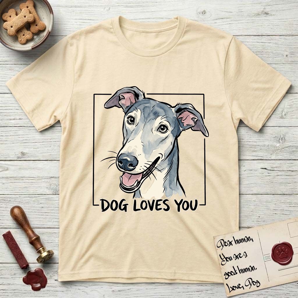 Dog Loves You Greyhound T-Shirt flat lay in Natural, featuring Ink and watercolor portrait of a smiling slate blue Greyhound with a long narrow muzzle, cream blaze and folded rose ears, head tilted inside a black frame above hand-lettered text reading DOG LOVES YOU.