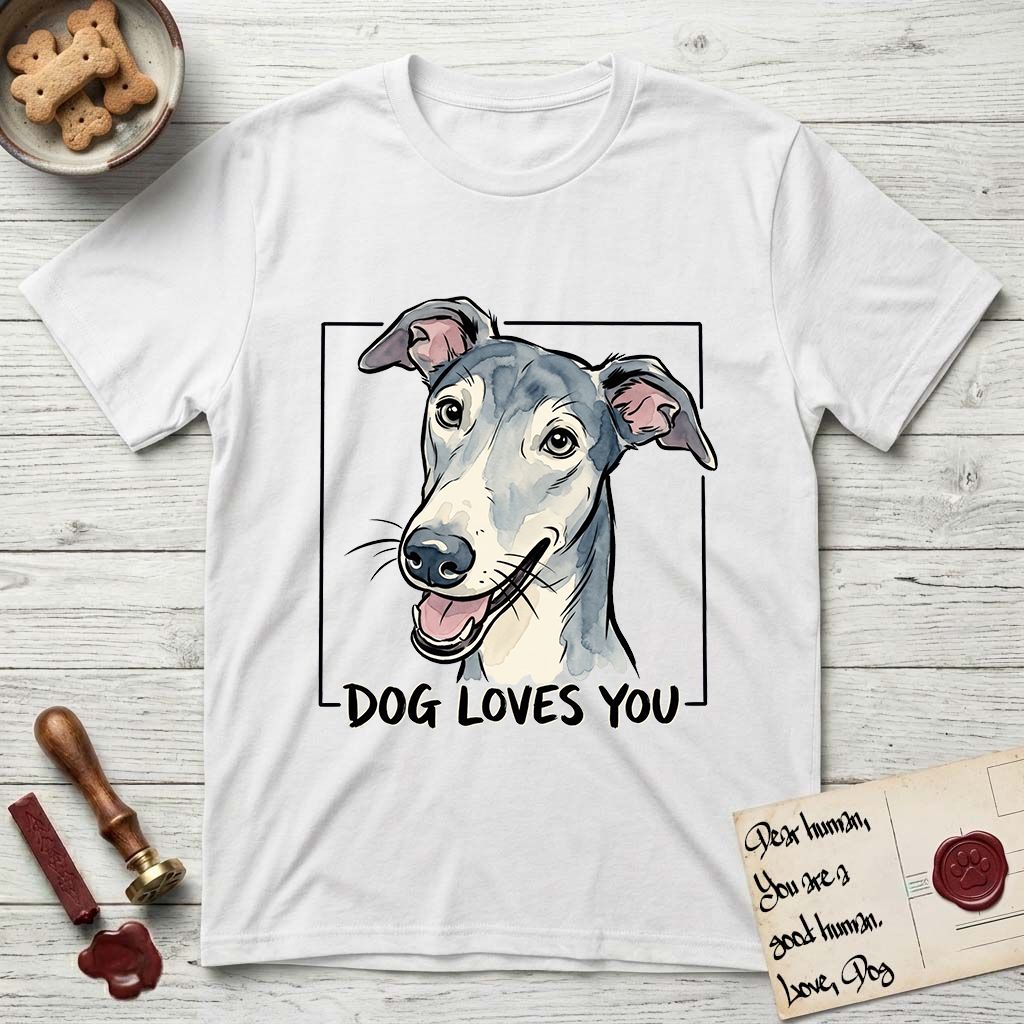 Dog Loves You Greyhound T-Shirt flat lay in White, featuring Ink and watercolor portrait of a smiling slate blue Greyhound with a long narrow muzzle, cream blaze and folded rose ears, head tilted inside a black frame above hand-lettered text reading DOG LOVES YOU.