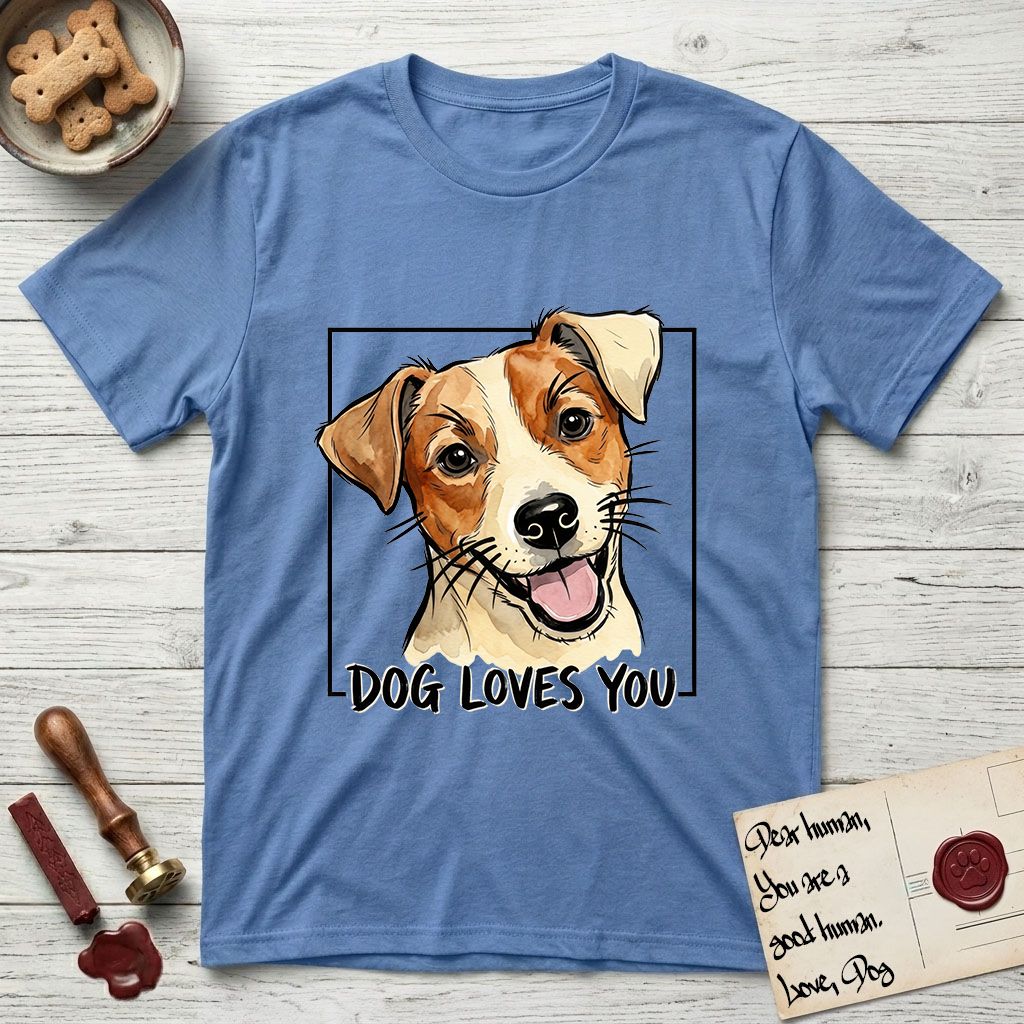 Dog Loves You Jack Russell T-Shirt flat lay in Carolina Blue, featuring Ink and watercolor portrait of a smiling cream and rust Jack Russell with folded button ears and keen dark eyes, head tilted inside a black frame above hand-lettered text reading DOG LOVES YOU.