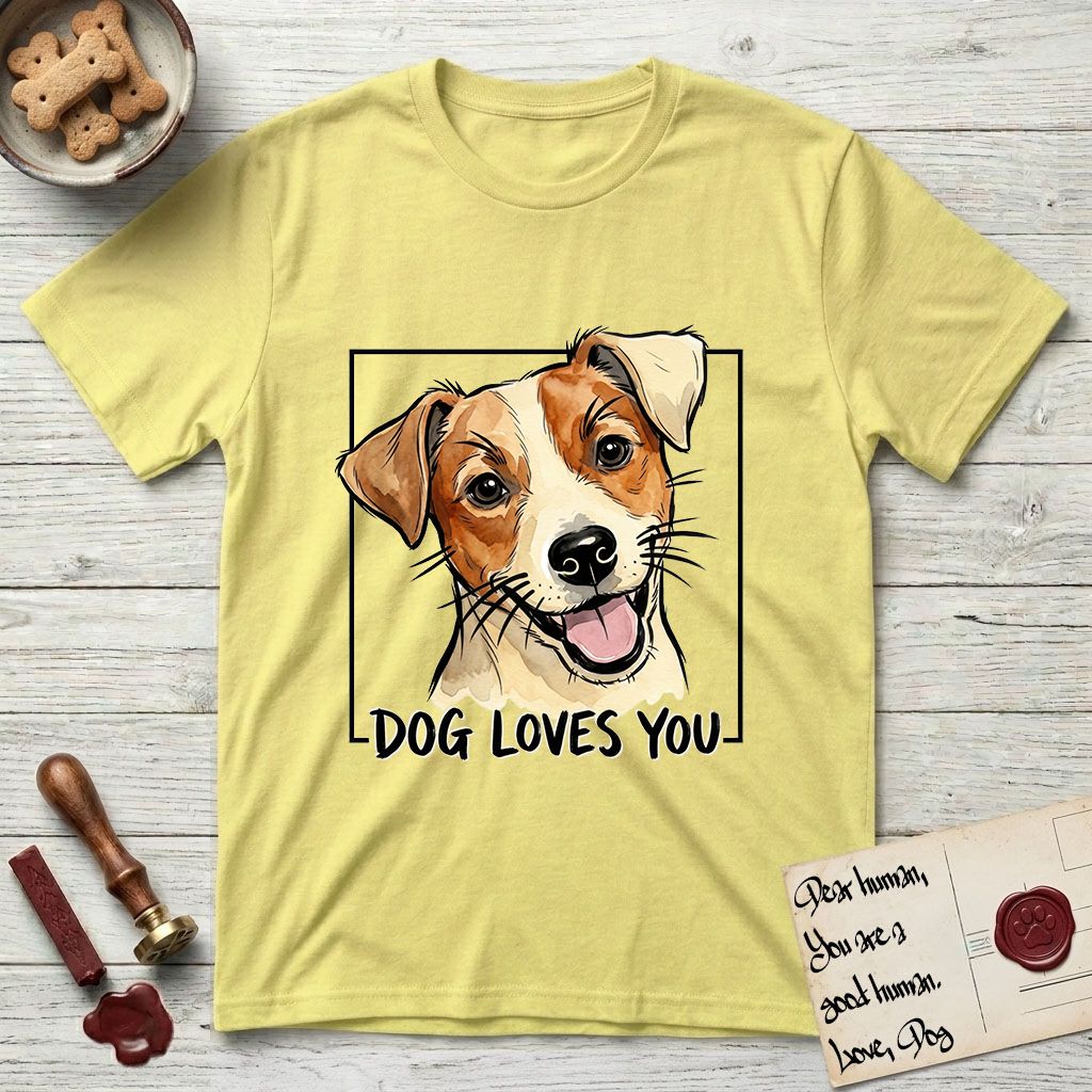 Dog Loves You Jack Russell T-Shirt flat lay in Cornsilk, featuring Ink and watercolor portrait of a smiling cream and rust Jack Russell with folded button ears and keen dark eyes, head tilted inside a black frame above hand-lettered text reading DOG LOVES YOU.