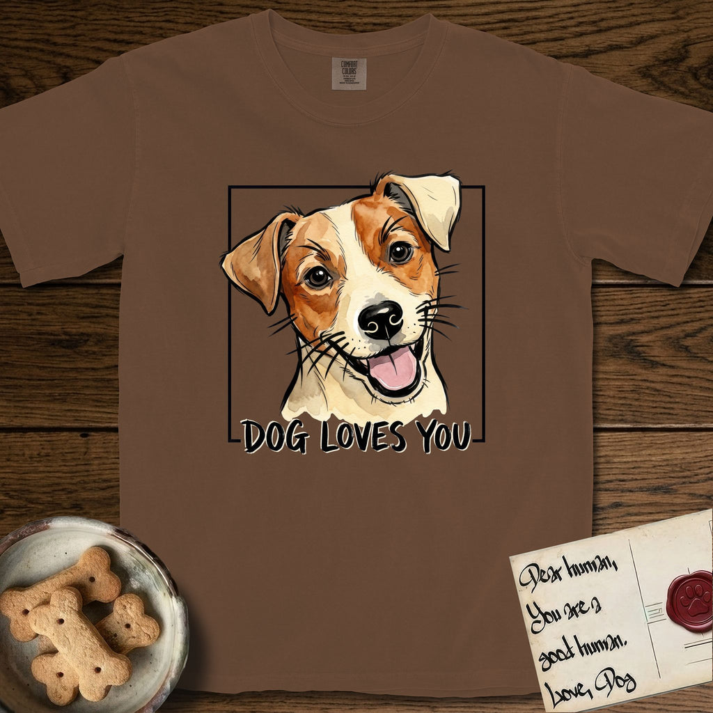 Dog Loves You Jack Russell T-Shirt flat lay in Espresso, featuring Ink and watercolor portrait of a smiling cream and rust Jack Russell with folded button ears and keen dark eyes, head tilted inside a black frame above hand-lettered text reading DOG LOVES YOU.
