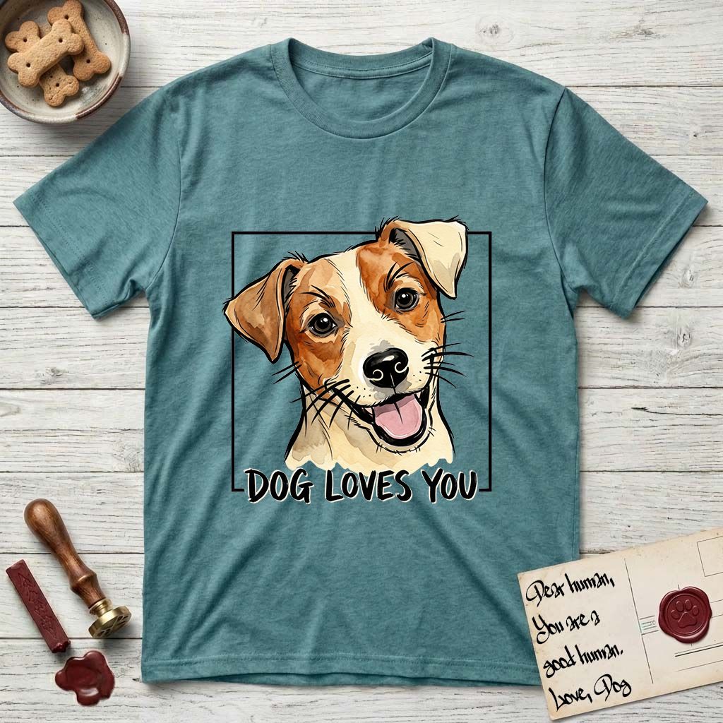 Dog Loves You Jack Russell T-Shirt flat lay in Heather Galapagos Blue, featuring Ink and watercolor portrait of a smiling cream and rust Jack Russell with folded button ears and keen dark eyes, head tilted inside a black frame above hand-lettered text reading DOG LOVES YOU.