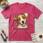 Dog Loves You Jack Russell T-Shirt flat lay in Heather Red, featuring Ink and watercolor portrait of a smiling cream and rust Jack Russell with folded button ears and keen dark eyes, head tilted inside a black frame above hand-lettered text reading DOG LOVES YOU.
