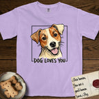 Dog Loves You Jack Russell T-Shirt flat lay in Orchid, featuring Ink and watercolor portrait of a smiling cream and rust Jack Russell with folded button ears and keen dark eyes, head tilted inside a black frame above hand-lettered text reading DOG LOVES YOU.