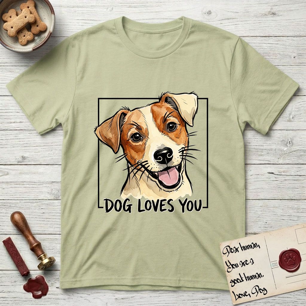 Dog Loves You Jack Russell T-Shirt flat lay in Pistachio, featuring Ink and watercolor portrait of a smiling cream and rust Jack Russell with folded button ears and keen dark eyes, head tilted inside a black frame above hand-lettered text reading DOG LOVES YOU.