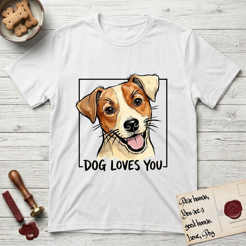 Dog Loves You Jack Russell T-Shirt flat lay in White, featuring Ink and watercolor portrait of a smiling cream and rust Jack Russell with folded button ears and keen dark eyes, head tilted inside a black frame above hand-lettered text reading DOG LOVES YOU.