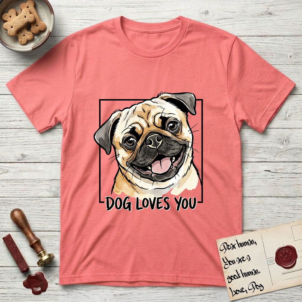 Dog Loves You Pug T-Shirt flat lay in Coral Silk, featuring Ink and watercolor portrait of a smiling fawn Pug with a black mask, deep brow wrinkles and big round eyes, head tilted inside a black frame above hand-lettered text reading DOG LOVES YOU.
