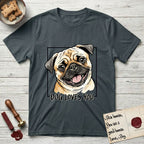 Dog Loves You Pug T-Shirt flat lay in Dark Heather Grey, featuring Ink and watercolor portrait of a smiling fawn Pug with a black mask, deep brow wrinkles and big round eyes, head tilted inside a black frame above hand-lettered text reading DOG LOVES YOU.