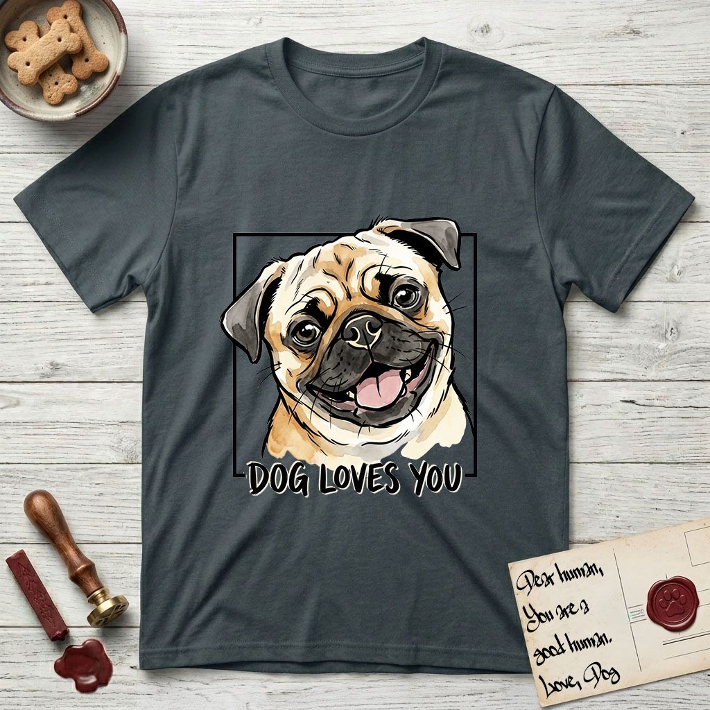 Dog Loves You Pug T-Shirt flat lay in Dark Heather Grey, featuring Ink and watercolor portrait of a smiling fawn Pug with a black mask, deep brow wrinkles and big round eyes, head tilted inside a black frame above hand-lettered text reading DOG LOVES YOU.
