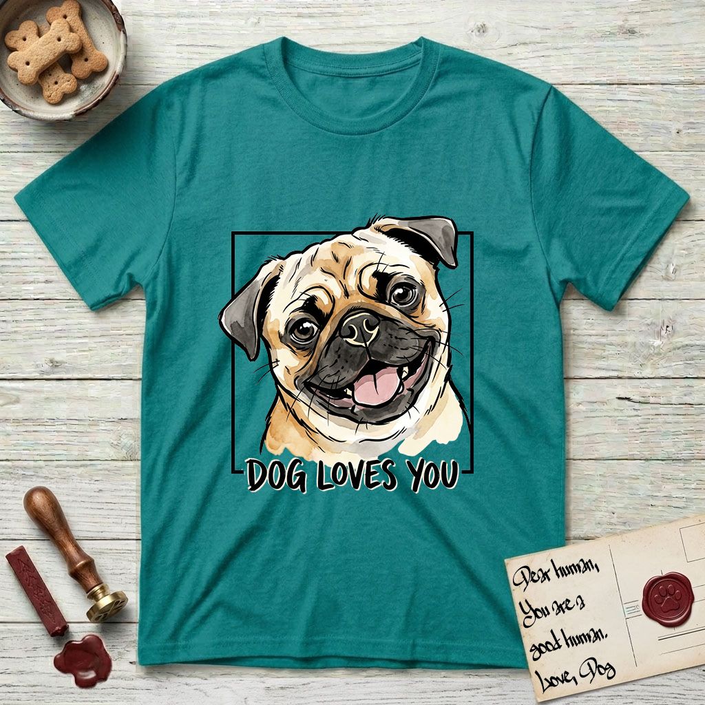 Dog Loves You Pug T-Shirt flat lay in Jade Dome, featuring Ink and watercolor portrait of a smiling fawn Pug with a black mask, deep brow wrinkles and big round eyes, head tilted inside a black frame above hand-lettered text reading DOG LOVES YOU.
