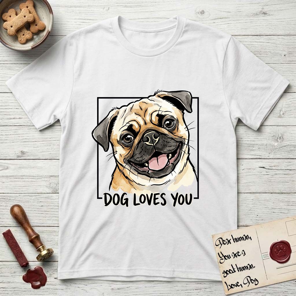 Dog Loves You Pug T-Shirt flat lay in White, featuring Ink and watercolor portrait of a smiling fawn Pug with a black mask, deep brow wrinkles and big round eyes, head tilted inside a black frame above hand-lettered text reading DOG LOVES YOU.