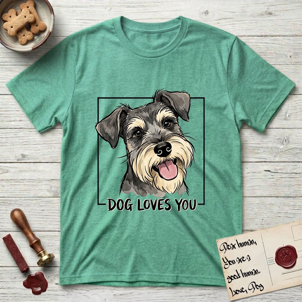 Dog Loves You Schnauzer T-Shirt flat lay in Heather Irish Green, featuring Ink and watercolor portrait of a smiling salt and pepper Schnauzer with a long beard and bushy eyebrows, head tilted inside a black frame above hand-lettered text reading DOG LOVES YOU.