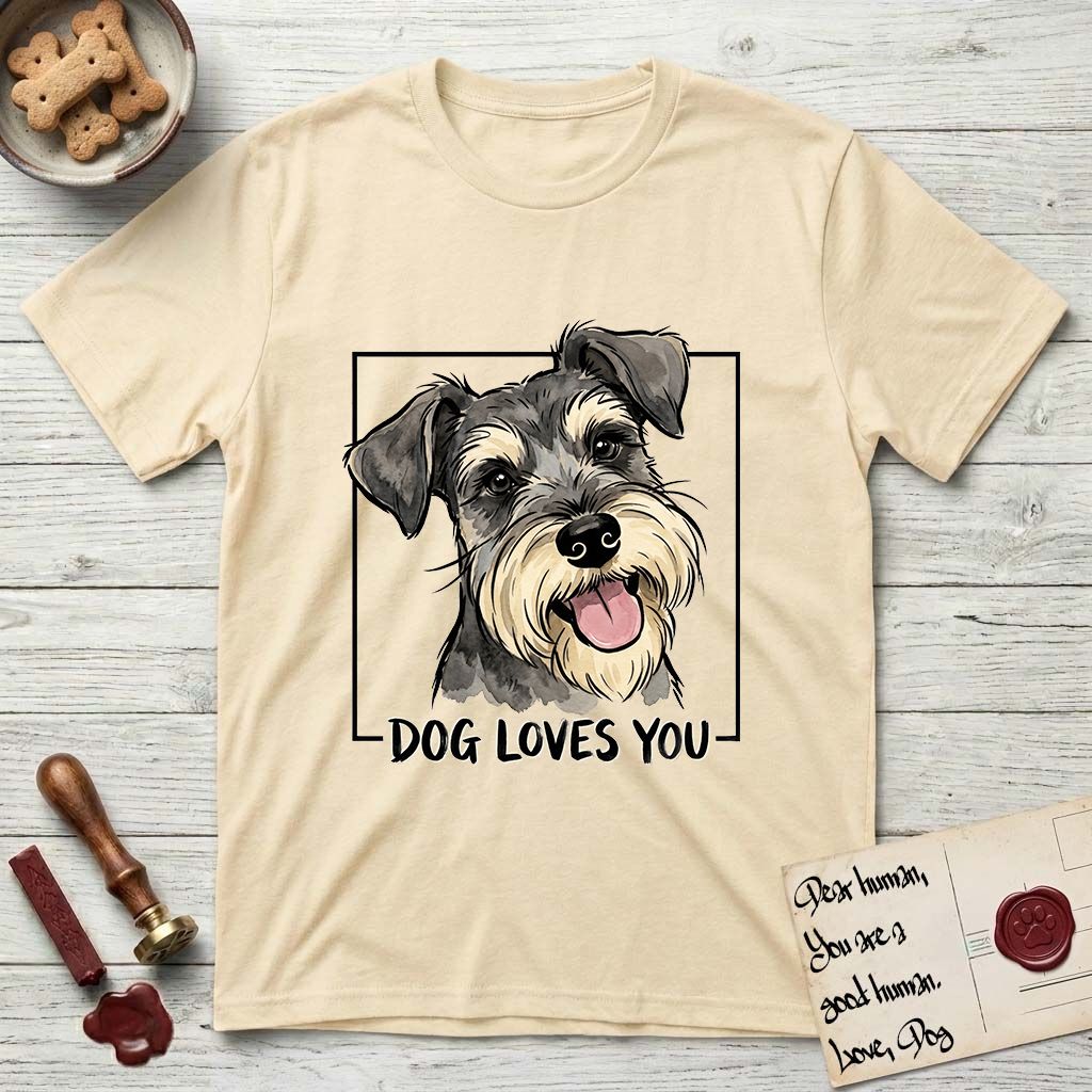 Dog Loves You Schnauzer T-Shirt flat lay in Natural, featuring Ink and watercolor portrait of a smiling salt and pepper Schnauzer with a long beard and bushy eyebrows, head tilted inside a black frame above hand-lettered text reading DOG LOVES YOU.