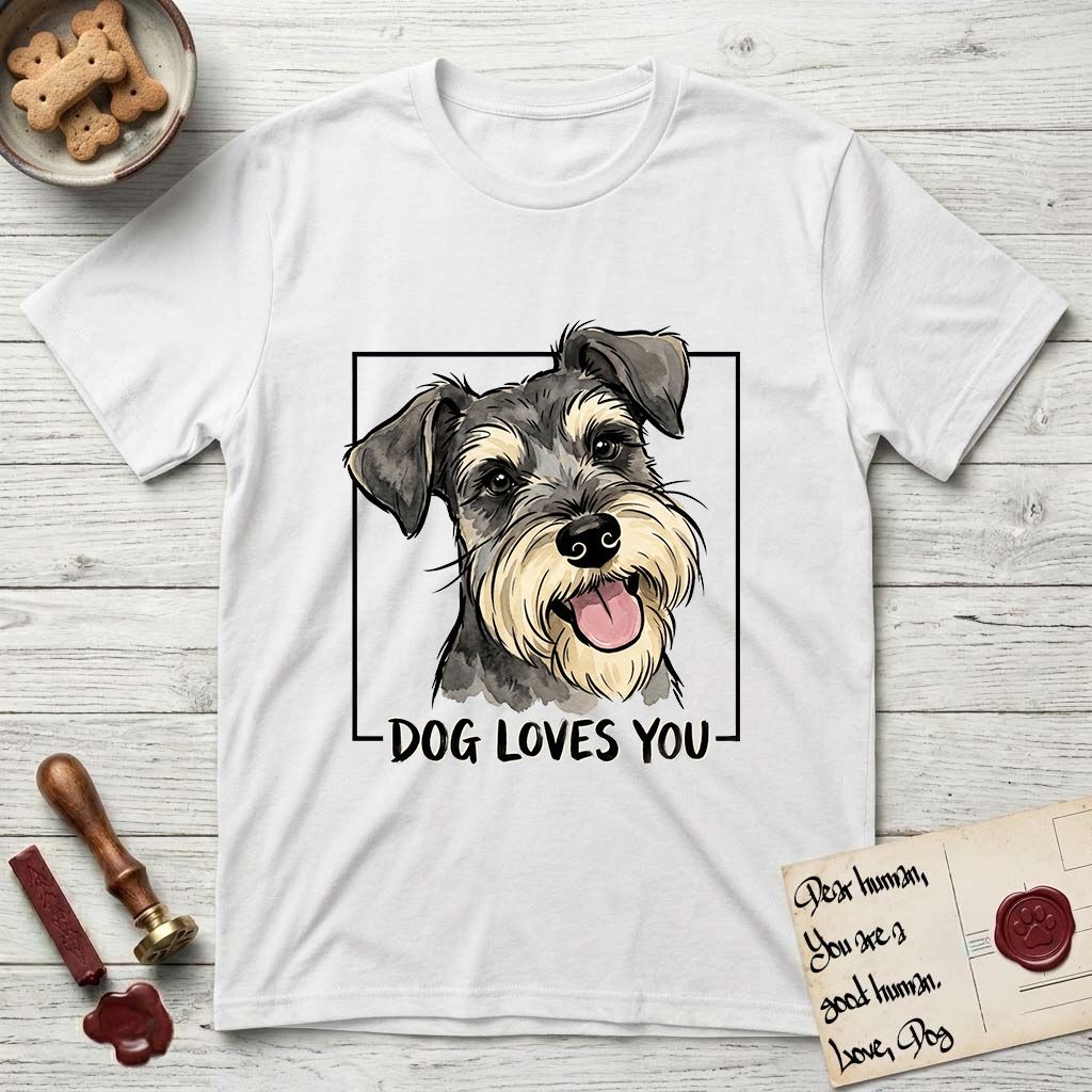 Dog Loves You Schnauzer T-Shirt flat lay in White, featuring Ink and watercolor portrait of a smiling salt and pepper Schnauzer with a long beard and bushy eyebrows, head tilted inside a black frame above hand-lettered text reading DOG LOVES YOU.
