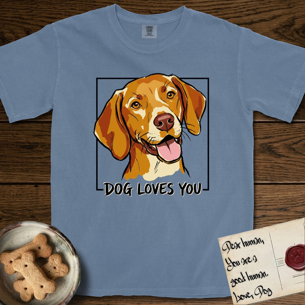 Dog Loves You Vizsla T-Shirt flat lay in Blue Jean, featuring Ink and watercolor portrait of a smiling golden rust Vizsla with long silky hanging ears and amber eyes, head tilted inside a black frame above hand-lettered text reading DOG LOVES YOU.