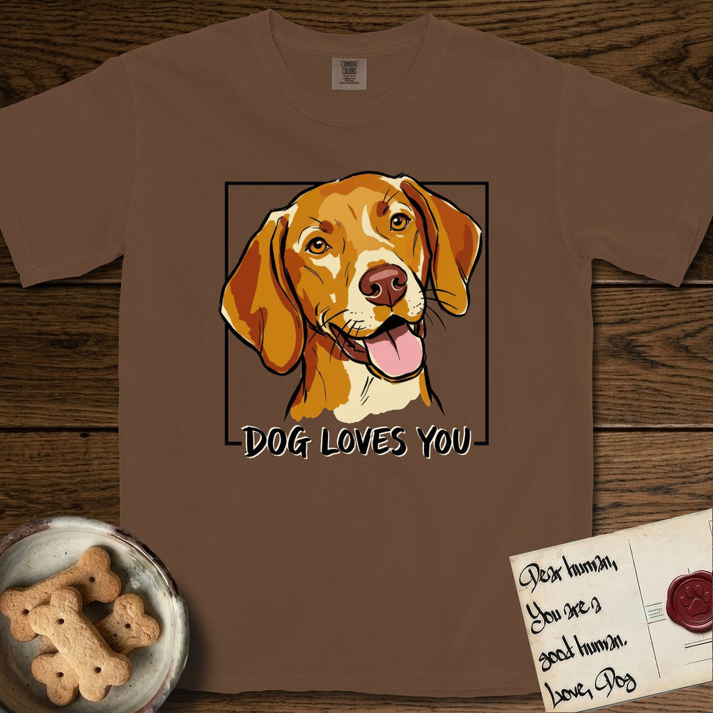 Dog Loves You Vizsla T-Shirt flat lay in Espresso, featuring Ink and watercolor portrait of a smiling golden rust Vizsla with long silky hanging ears and amber eyes, head tilted inside a black frame above hand-lettered text reading DOG LOVES YOU.