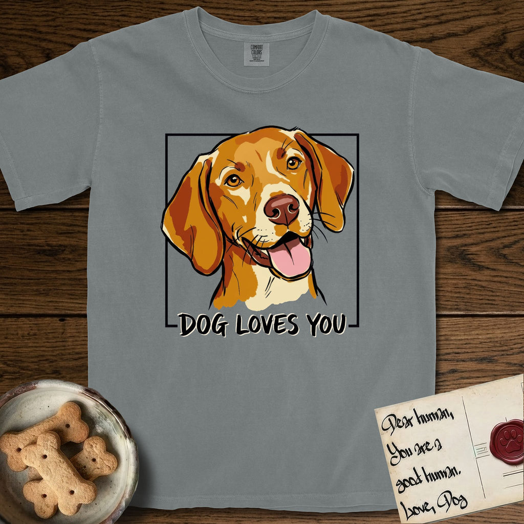 Dog Loves You Vizsla T-Shirt flat lay in Granite, featuring Ink and watercolor portrait of a smiling golden rust Vizsla with long silky hanging ears and amber eyes, head tilted inside a black frame above hand-lettered text reading DOG LOVES YOU.