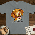 Dog Loves You Vizsla T-Shirt flat lay in Granite, featuring Ink and watercolor portrait of a smiling golden rust Vizsla with long silky hanging ears and amber eyes, head tilted inside a black frame above hand-lettered text reading DOG LOVES YOU.