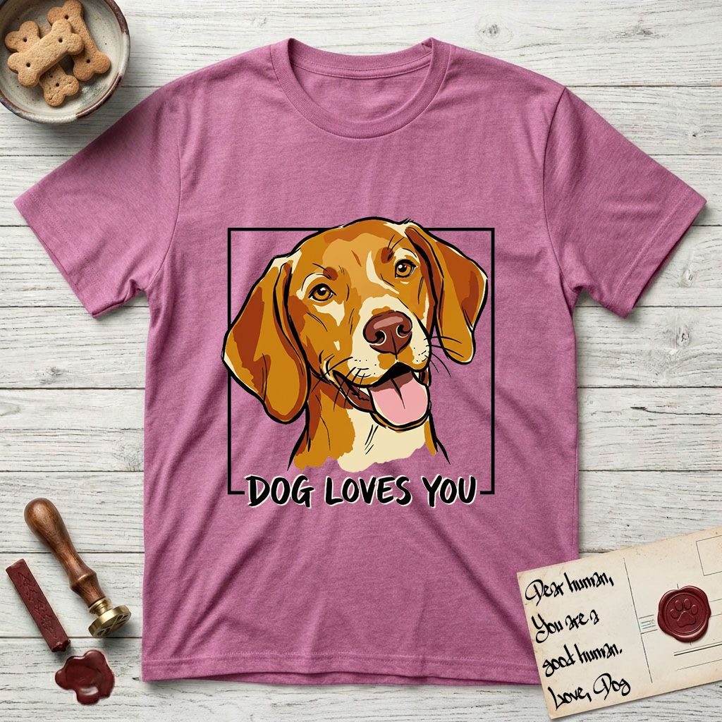 Dog Loves You Vizsla T-Shirt flat lay in Heather Radiant Orchid, featuring Ink and watercolor portrait of a smiling golden rust Vizsla with long silky hanging ears and amber eyes, head tilted inside a black frame above hand-lettered text reading DOG LOVES YOU.