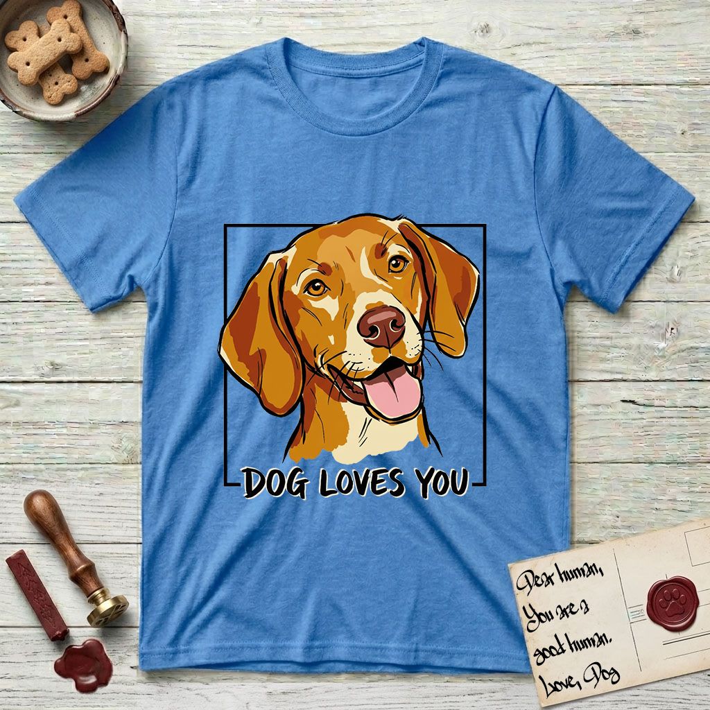 Dog Loves You Vizsla T-Shirt flat lay in Heather Sapphire, featuring Ink and watercolor portrait of a smiling golden rust Vizsla with long silky hanging ears and amber eyes, head tilted inside a black frame above hand-lettered text reading DOG LOVES YOU.