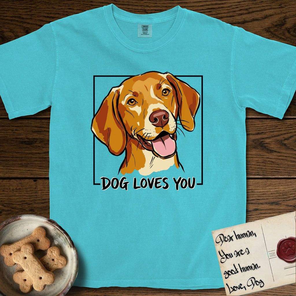 Dog Loves You Vizsla T-Shirt flat lay in Lagoon Blue, featuring Ink and watercolor portrait of a smiling golden rust Vizsla with long silky hanging ears and amber eyes, head tilted inside a black frame above hand-lettered text reading DOG LOVES YOU.