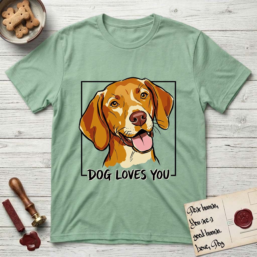 Dog Loves You Vizsla T-Shirt flat lay in Mint Green, featuring Ink and watercolor portrait of a smiling golden rust Vizsla with long silky hanging ears and amber eyes, head tilted inside a black frame above hand-lettered text reading DOG LOVES YOU.