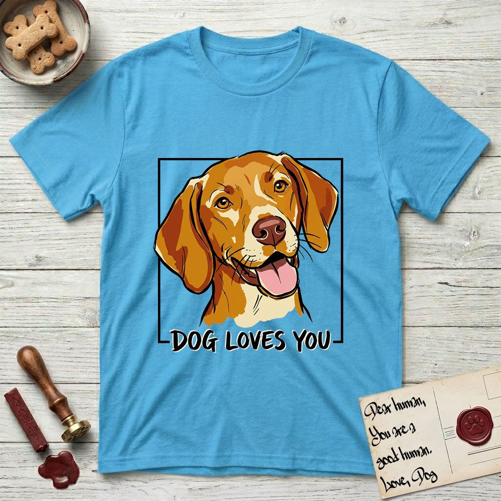 Dog Loves You Vizsla T-Shirt flat lay in Sky, featuring Ink and watercolor portrait of a smiling golden rust Vizsla with long silky hanging ears and amber eyes, head tilted inside a black frame above hand-lettered text reading DOG LOVES YOU.
