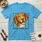 Dog Loves You Vizsla T-Shirt flat lay in Sky, featuring Ink and watercolor portrait of a smiling golden rust Vizsla with long silky hanging ears and amber eyes, head tilted inside a black frame above hand-lettered text reading DOG LOVES YOU.