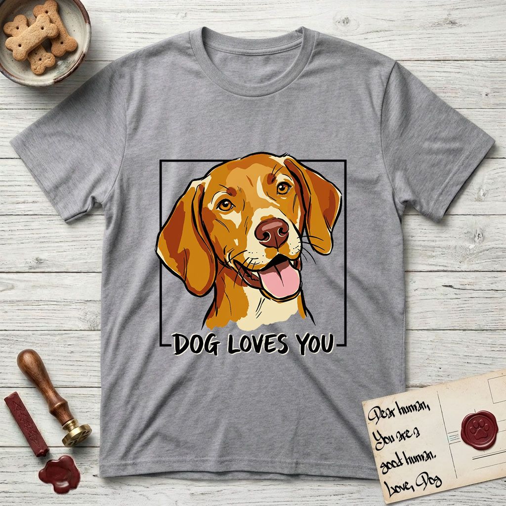 Dog Loves You Vizsla T-Shirt flat lay in Sport Grey, featuring Ink and watercolor portrait of a smiling golden rust Vizsla with long silky hanging ears and amber eyes, head tilted inside a black frame above hand-lettered text reading DOG LOVES YOU.