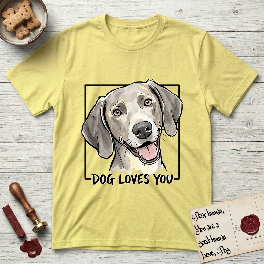 Dog Loves You Weimaraner T-Shirt flat lay in Cornsilk, featuring Ink and watercolor portrait of a smiling silver grey Weimaraner with long velvet hanging ears and pale amber eyes, head tilted inside a black frame above hand-lettered text reading DOG LOVES YOU.