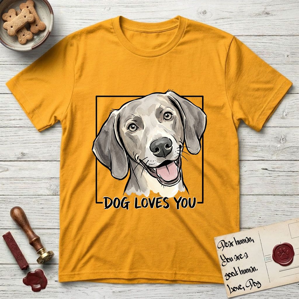 Dog Loves You Weimaraner T-Shirt flat lay in Gold, featuring Ink and watercolor portrait of a smiling silver grey Weimaraner with long velvet hanging ears and pale amber eyes, head tilted inside a black frame above hand-lettered text reading DOG LOVES YOU.