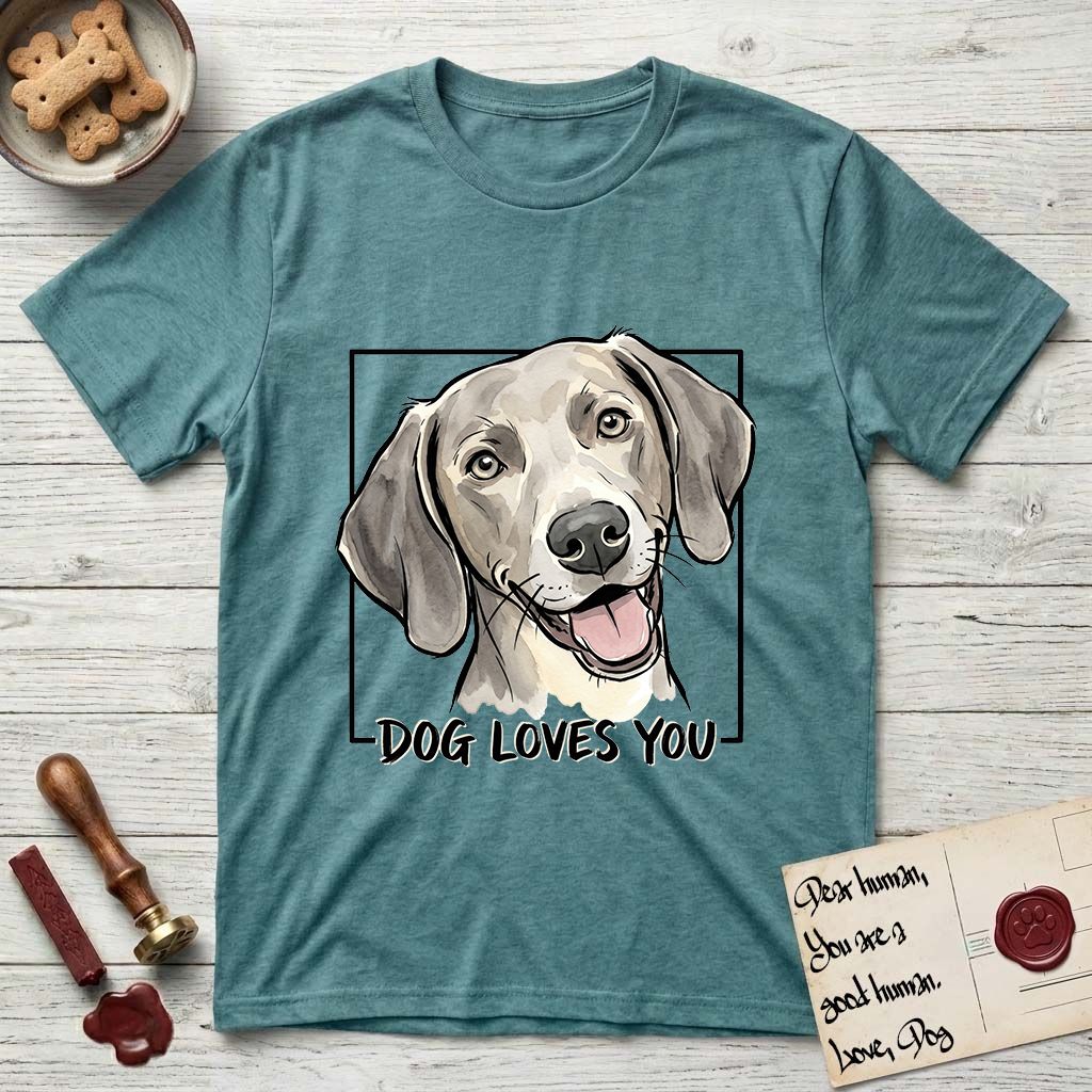Dog Loves You Weimaraner T-Shirt flat lay in Heather Galapagos Blue, featuring Ink and watercolor portrait of a smiling silver grey Weimaraner with long velvet hanging ears and pale amber eyes, head tilted inside a black frame above hand-lettered text reading DOG LOVES YOU.