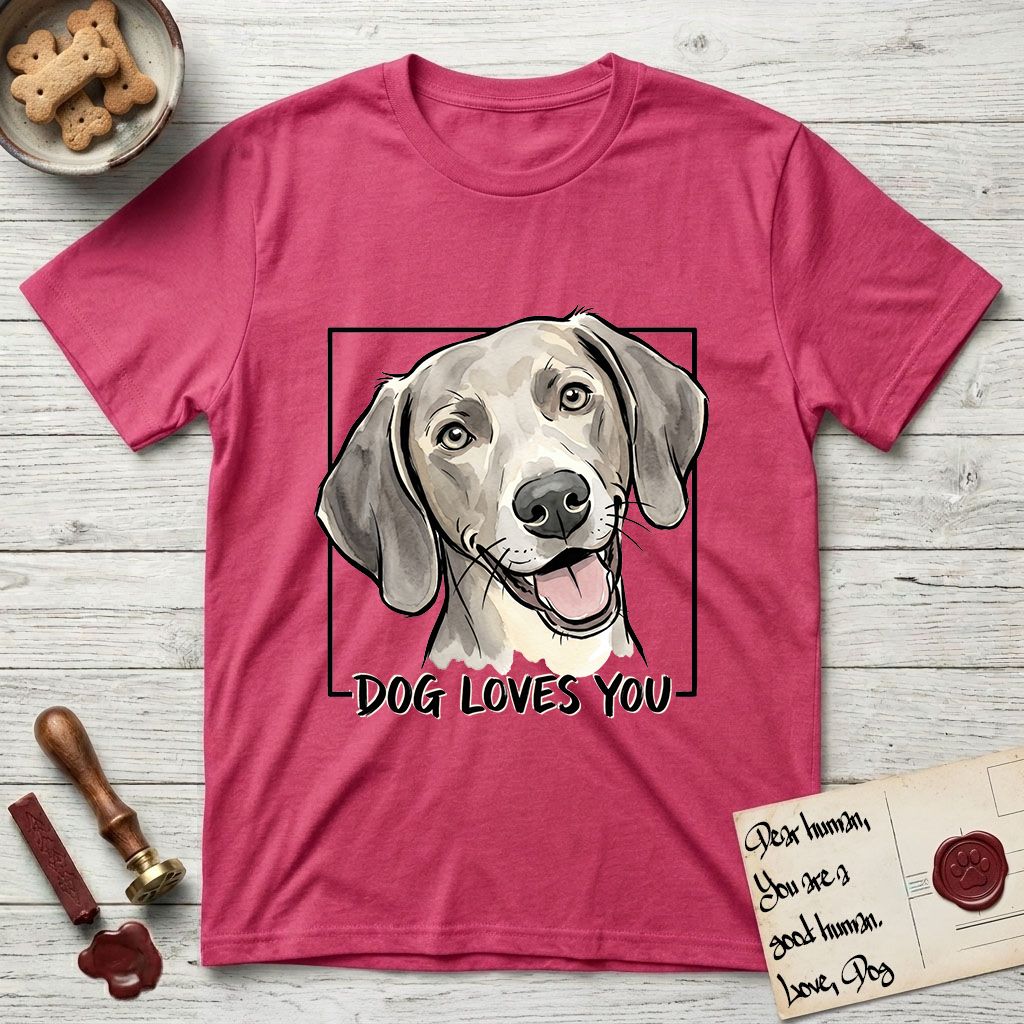 Dog Loves You Weimaraner T-Shirt flat lay in Heather Red, featuring Ink and watercolor portrait of a smiling silver grey Weimaraner with long velvet hanging ears and pale amber eyes, head tilted inside a black frame above hand-lettered text reading DOG LOVES YOU.