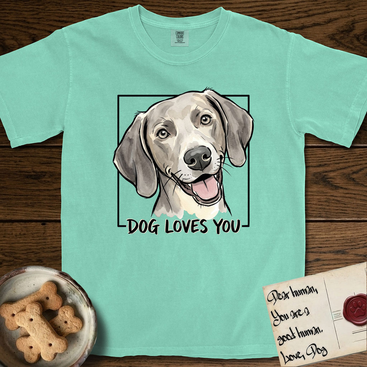 Dog Loves You Weimaraner T-Shirt flat lay in Island Reef, featuring Ink and watercolor portrait of a smiling silver grey Weimaraner with long velvet hanging ears and pale amber eyes, head tilted inside a black frame above hand-lettered text reading DOG LOVES YOU.