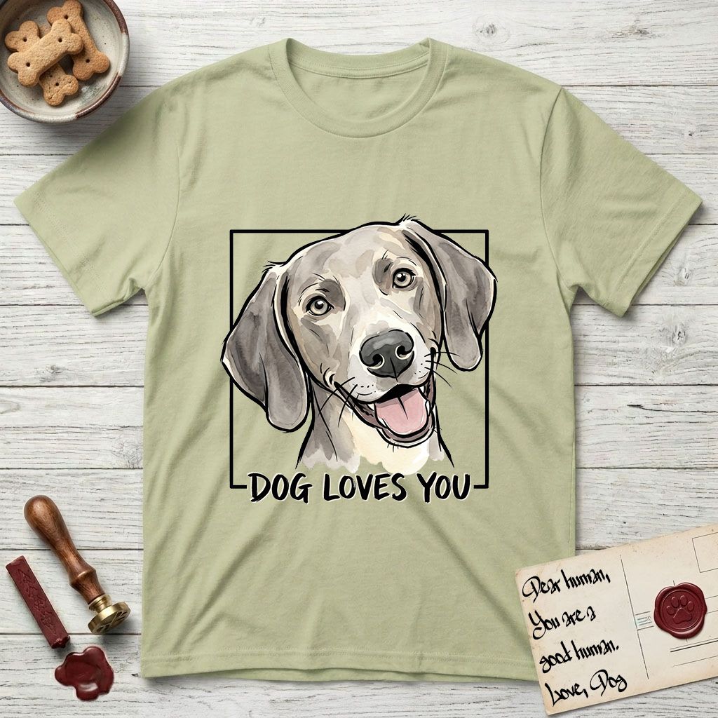 Dog Loves You Weimaraner T-Shirt flat lay in Pistachio, featuring Ink and watercolor portrait of a smiling silver grey Weimaraner with long velvet hanging ears and pale amber eyes, head tilted inside a black frame above hand-lettered text reading DOG LOVES YOU.