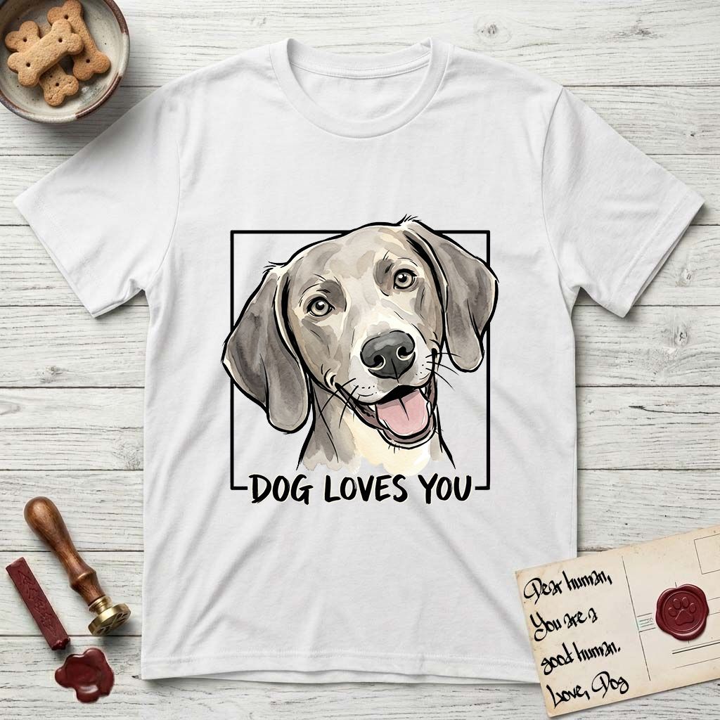 Dog Loves You Weimaraner T-Shirt flat lay in White, featuring Ink and watercolor portrait of a smiling silver grey Weimaraner with long velvet hanging ears and pale amber eyes, head tilted inside a black frame above hand-lettered text reading DOG LOVES YOU.