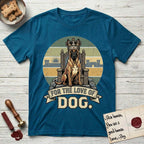 For the Love of Dog Belgian Malinois T-Shirt flat lay in Antique Sapphire, featuring a vintage badge of a crowned Belgian Malinois seated on a throne.