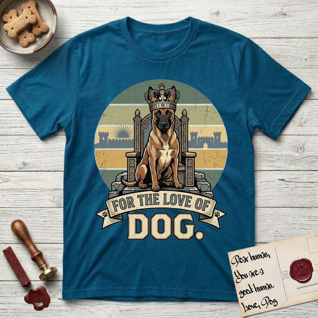 For the Love of Dog Belgian Malinois T-Shirt flat lay in Antique Sapphire, featuring a vintage badge of a crowned Belgian Malinois seated on a throne.