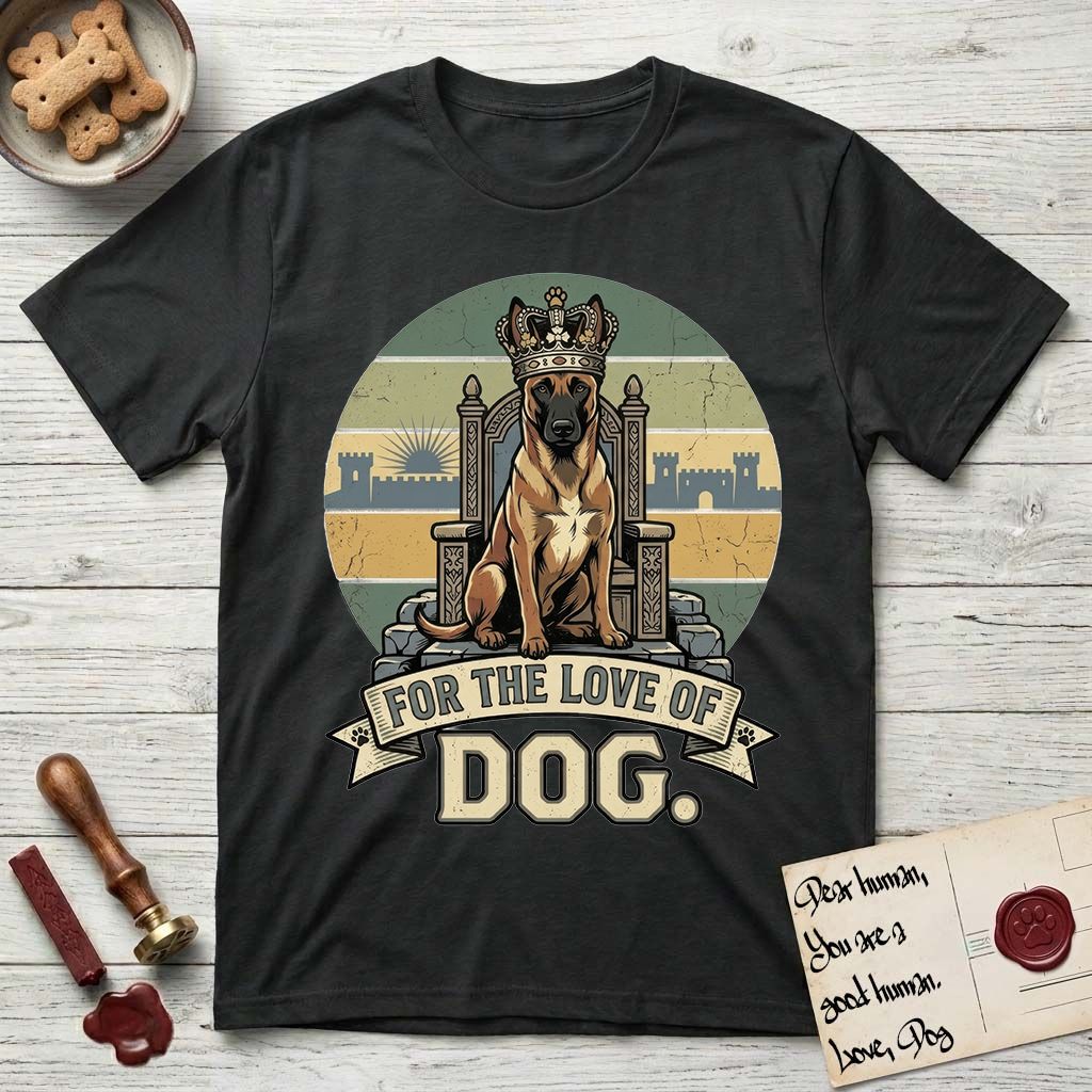 For the Love of Dog Belgian Malinois T-Shirt flat lay in Black, featuring a vintage badge of a crowned Belgian Malinois seated on a throne.