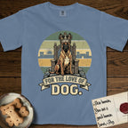 For the Love of Dog Belgian Malinois T-Shirt flat lay in Blue Jean, featuring a vintage badge of a crowned Belgian Malinois seated on a throne.