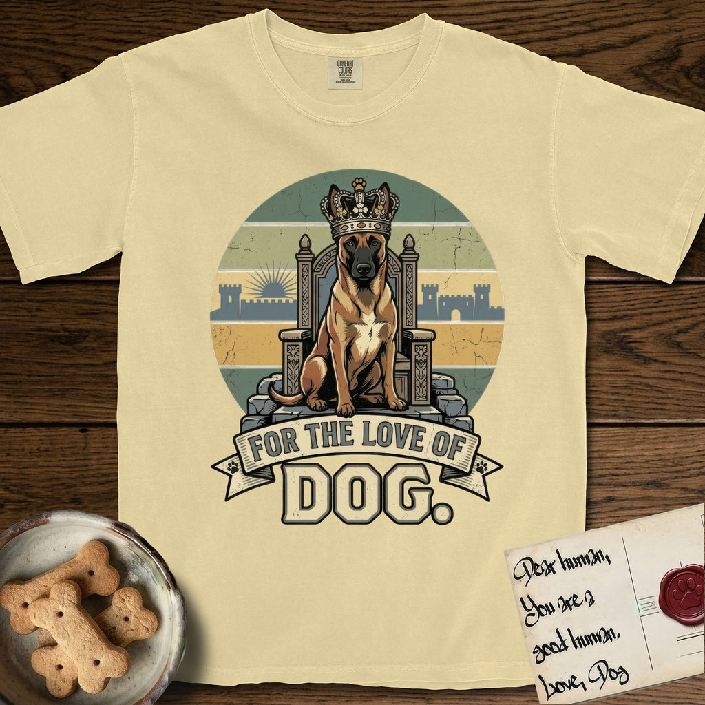 For the Love of Dog Belgian Malinois T-Shirt flat lay in Butter, featuring a vintage badge of a crowned Belgian Malinois seated on a throne.
