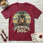 For the Love of Dog Belgian Malinois T-Shirt flat lay in Cardinal Red, featuring a vintage badge of a crowned Belgian Malinois seated on a throne.
