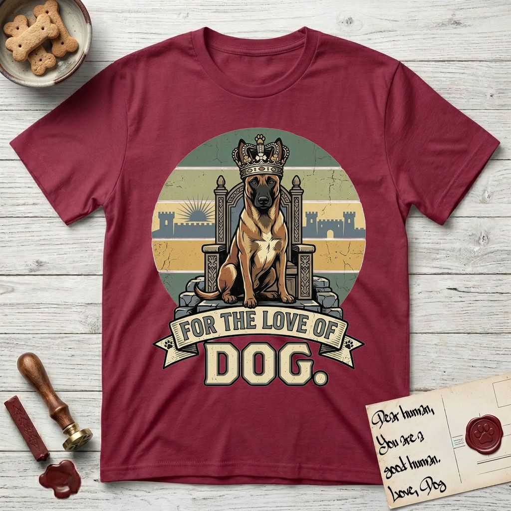 For the Love of Dog Belgian Malinois T-Shirt flat lay in Cardinal Red, featuring a vintage badge of a crowned Belgian Malinois seated on a throne.