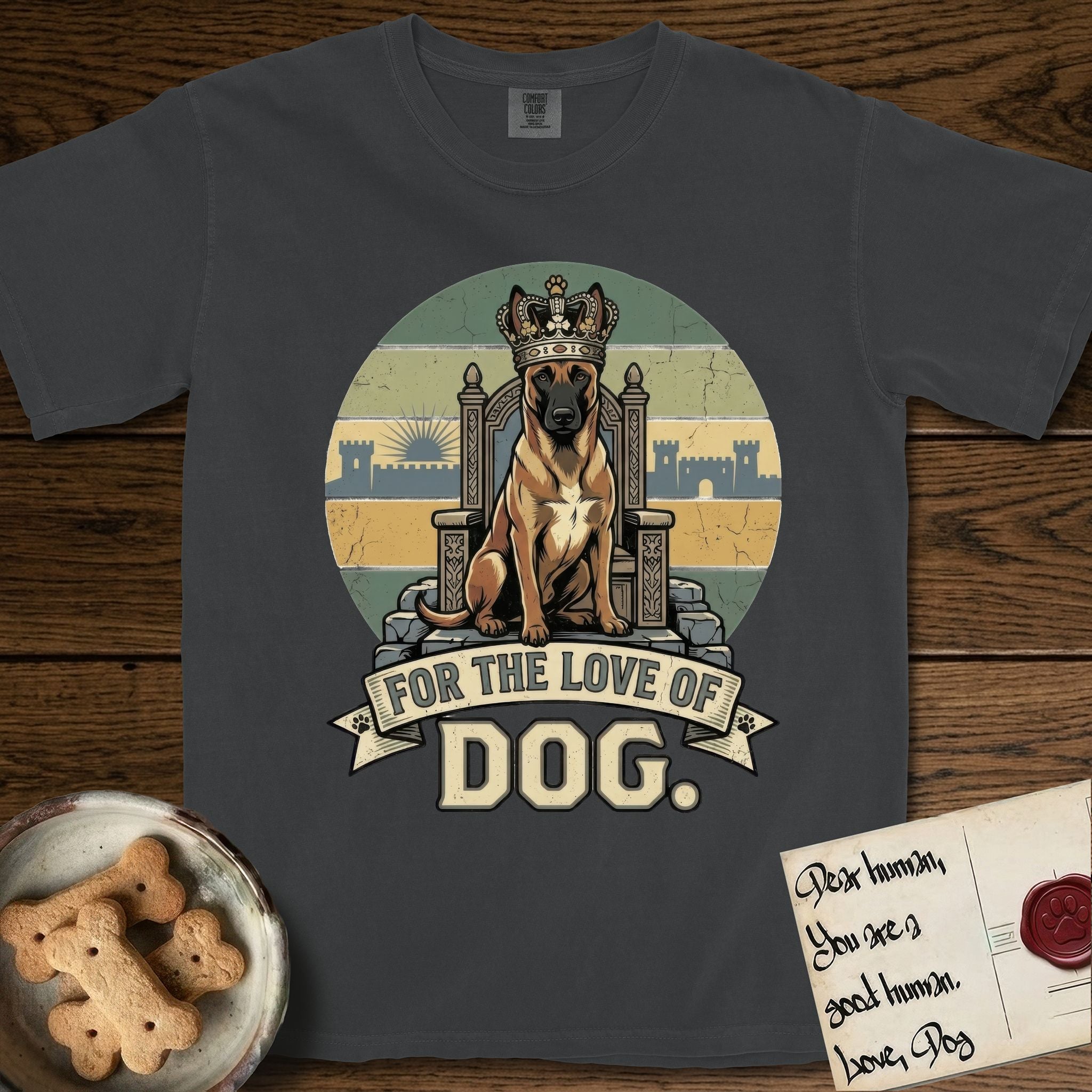 For the Love of Dog Belgian Malinois T-Shirt flat lay in Graphite, featuring a vintage badge of a crowned Belgian Malinois seated on a throne.