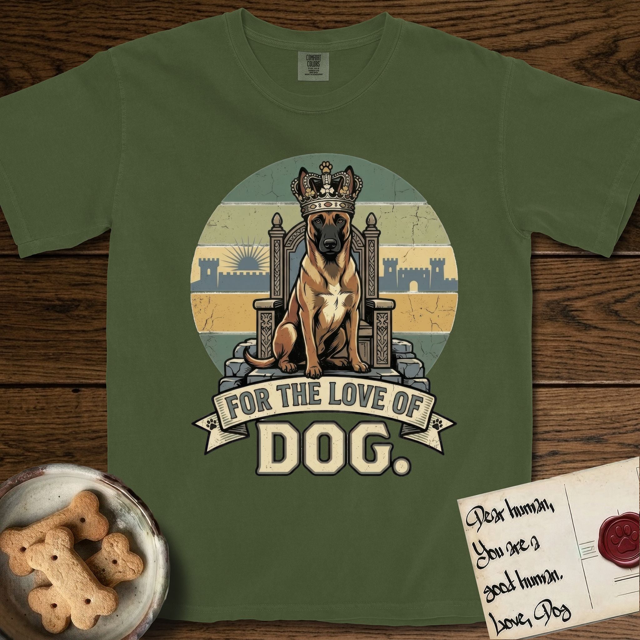 For the Love of Dog Belgian Malinois T-Shirt flat lay in Hemp, featuring a vintage badge of a crowned Belgian Malinois seated on a throne.