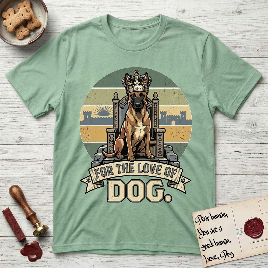 For the Love of Dog Belgian Malinois T-Shirt flat lay in Mint Green, featuring a vintage badge of a crowned Belgian Malinois seated on a throne.