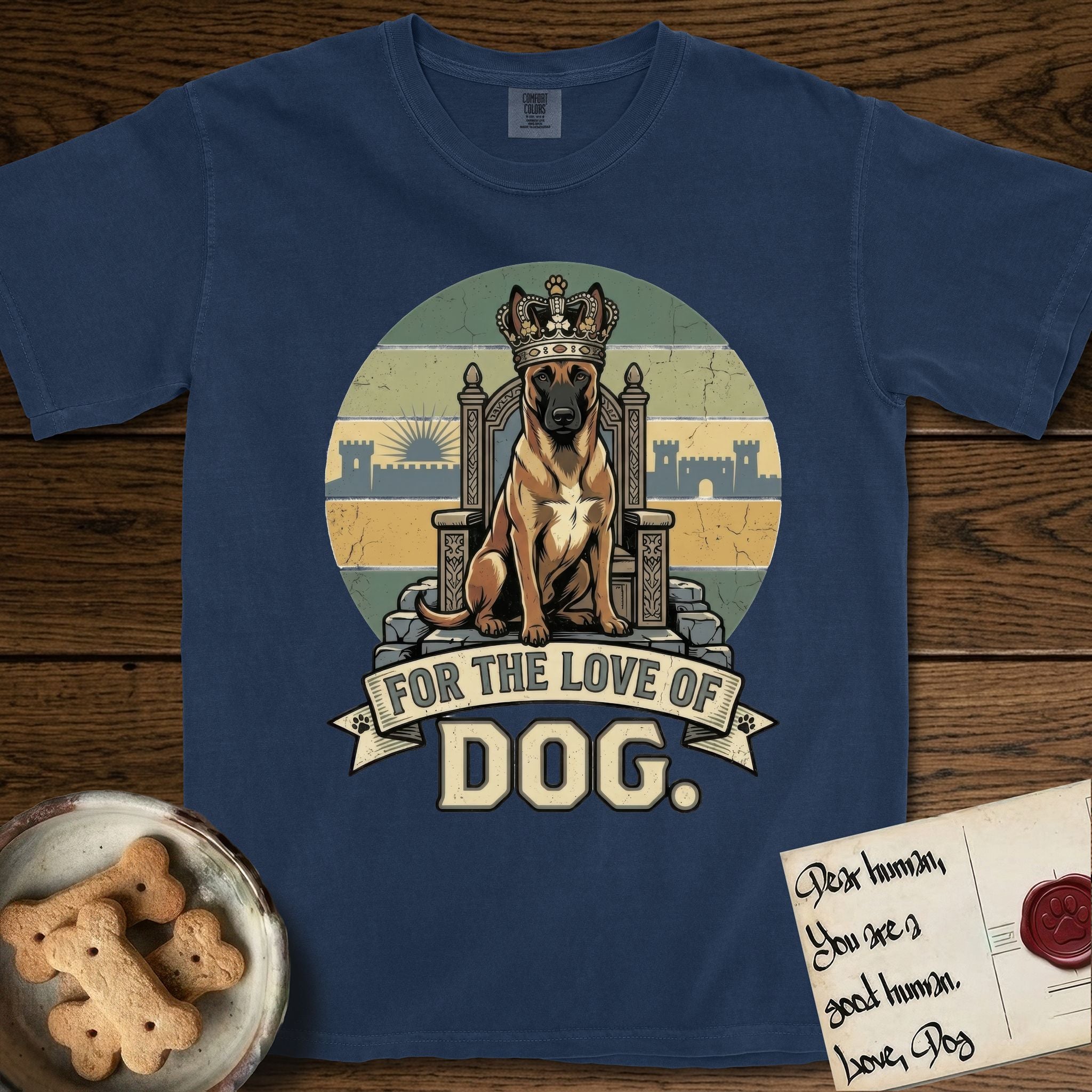 For the Love of Dog Belgian Malinois T-Shirt flat lay in True Navy, featuring a vintage badge of a crowned Belgian Malinois seated on a throne.