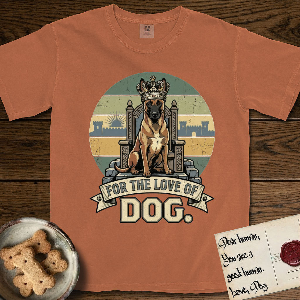 For the Love of Dog Belgian Malinois T-Shirt flat lay in Yam, featuring a vintage badge of a crowned Belgian Malinois seated on a throne.