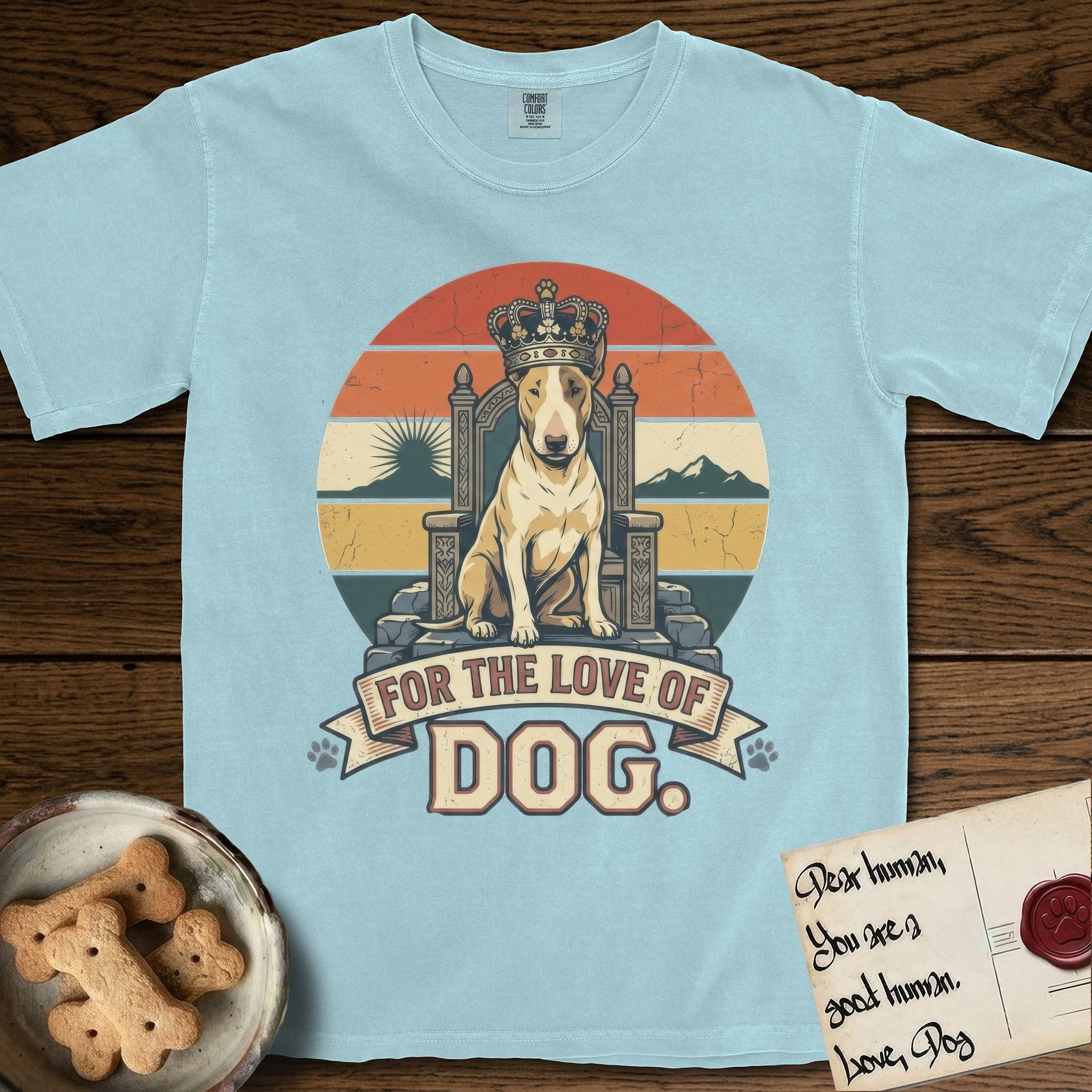 For the Love of Dog Bull Terrier T-Shirt flat lay in Chambray, featuring a vintage badge of a crowned Bull Terrier seated on a throne.