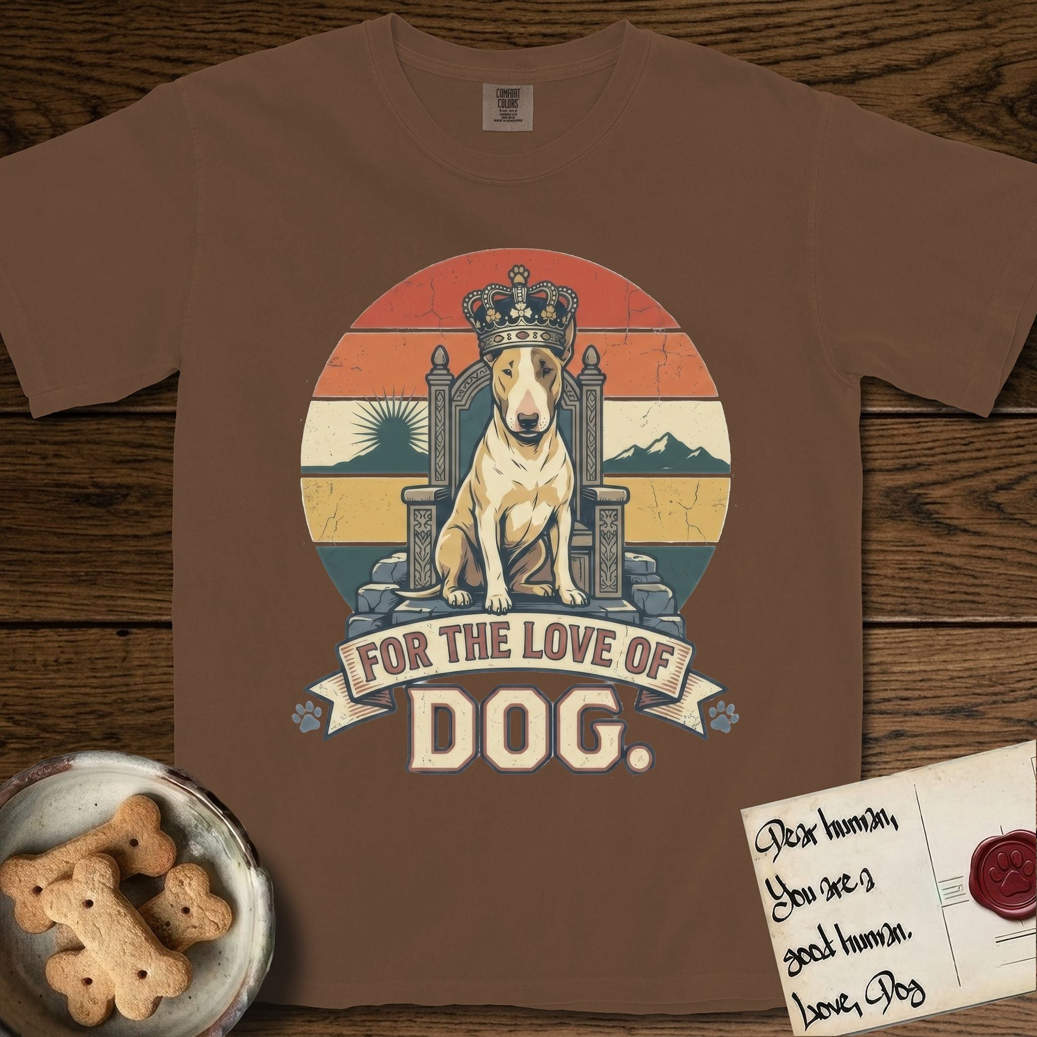 For the Love of Dog Bull Terrier T-Shirt flat lay in Espresso, featuring a vintage badge of a crowned Bull Terrier seated on a throne.